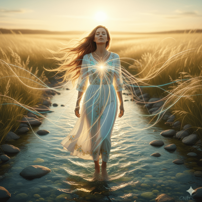 Eine Frau steht barfuß in einem flachen, fließenden Bach bei goldenem Sonnenlicht. Ihr langes Haar bewegt sich sanft im Wind, während feine, leuchtende Linien aus ihrem Herzen strömen – wie Lebensenergie, die sich mit der Natur verbindet. Die Szene strahlt Ruhe, Vertrauen und Aufwachen aus. Farbklang in Gold, Türkis, sanftem Weiß, Rosé und Grüngold.