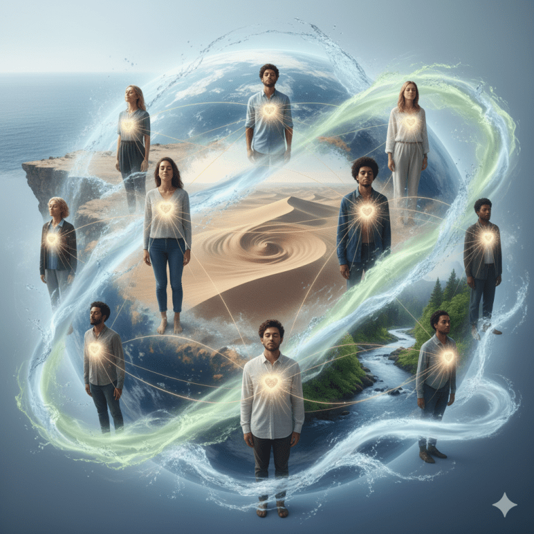 Mehrere Menschen stehen auf verschiedenen Teilen der Erde – am Meer, in der Wüste, im Wald und an einem Fluss. Ihre Herzen leuchten golden, verbunden durch feine Lichtlinien, die sich über den Globus spannen. Um sie herum bewegen sich sanfte Ströme aus Wasser und Luft. Das Bild symbolisiert weltweite Verbundenheit, inneren Frieden und den gemeinsamen Herzschlag der Erde.