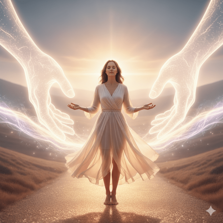 Eine Frau steht barfuß auf einem goldenen Pfad im sanften Licht der aufgehenden Sonne. Sie trägt ein fließendes, helles Kleid und hält die Arme leicht geöffnet. Um sie herum erscheinen zwei große, leuchtende Hände aus Licht, die sich ihr schützend und liebevoll nähern. Zwischen ihnen fließt eine Welle aus strahlender Energie. Das Bild vermittelt Frieden, Hingabe und das Gefühl göttlicher Führung.