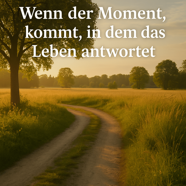 „Ein sonnenbeschienener Feldweg führt durch eine ruhige, goldene Wiesenlandschaft. Links steht ein großer Baum, dessen Schatten auf den Weg fällt. Der Himmel ist warm und klar. Über dem Bild steht der Text: ‚Wenn der Moment kommt, in dem das Leben antwortet‘.“