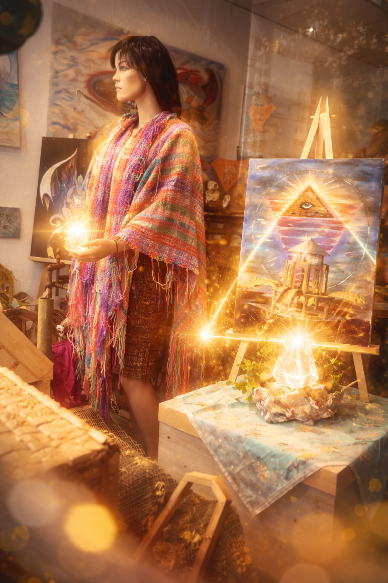 „Frau im Atelier, umgeben von farbiger Kunst und einem leuchtenden Kristall, der warmes Licht ausstrahlt.“