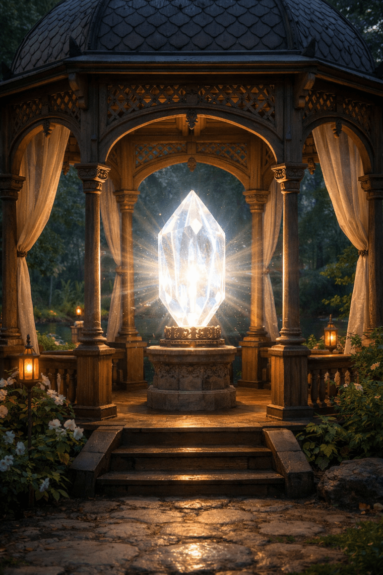Ein großer, facettierter Kristall steht im Zentrum eines offenen, runden Pavillons aus dunklem Holz. Der Kristall strahlt helles, weiß-goldenes Licht aus, das sich sternförmig in alle Richtungen ausbreitet. Feiner Lichtstaub schwebt um ihn herum. Der Pavillon hat säulenartige Holzpfosten, sanft fallende Vorhänge und ein verziertes Dach. Ringsum stehen warme Laternen in der Abenddämmerung. Blumen und Pflanzen rahmen den Weg zum Podest, auf dem der Kristall ruht. Die Szenerie wirkt still, lebendig, magisch und heilig – wie ein Ort innerer Klarheit und Erinnerung.