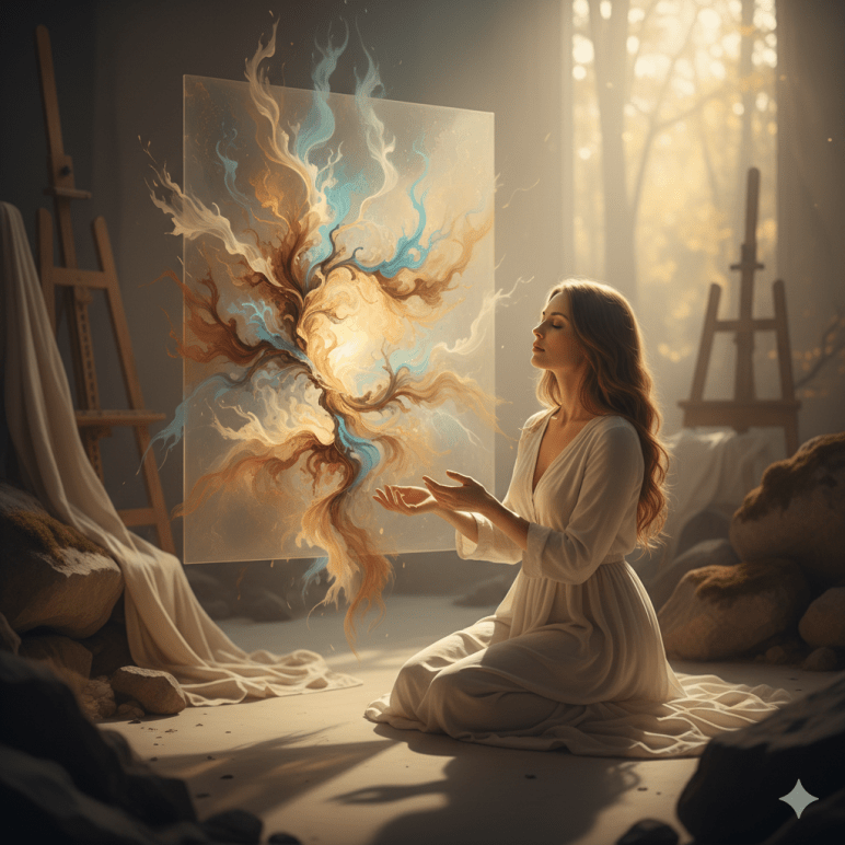 Wenn aus einem inneren Thema ein Bild wird Manche Bilder entstehen nicht aus einer Idee, sondern aus einem Gespräch. Menschen kommen zu mir oft ohne klares Motiv. Sie tragen ein Thema in sich, eine Frage, eine Erfahrung oder eine innere Bewegung, die noch keine Form hat. Im gemeinsamen Gehen – im Zuhören, Klären und Sortieren – zeigt sich nach und nach, was sichtbar werden will. Erst daraus entsteht das Bild. Ich arbeite nicht nach Vorlagen und nicht nach fertigen Wunschmotiven. Ein Auftragsbild entsteht aus einem persönlichen Prozess. Es entwickelt sich aus dem, was sich im Menschen zeigt – nicht aus dem, was vorher gedacht wurde. Diese Art der Arbeit braucht Zeit, Vertrauen und Offenheit. Sie ist kein schneller Einkauf, sondern eine bewusste Entscheidung, sich selbst ein Stück zu begegnen. Das fertige Bild ist kein Dekorationsobjekt. Es ist eine Verdichtung eines inneren Weges. Eine Erinnerung. Ein sichtbarer Punkt für etwas, das vorher nur gespürt wurde. Anfragen erfolgen persönlich. Diese Arbeit entsteht einzeln – nicht in Serie.