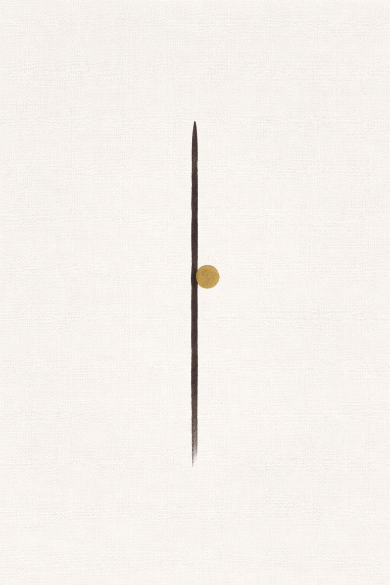 Minimalistisches abstraktes Bild mit einem senkrechten dunklen Strich und einem kleinen goldenen Kreis auf hellem, ruhigem Hintergrund – Symbol für Halt und Puls.