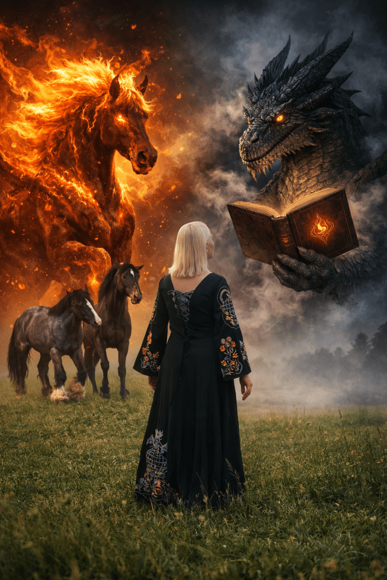 Darstellung von transformativer Gestaltungsarbeit: Frau blickt auf Feuerpferd und Drachen mit Buch als Symbol für Wandel, Bewusstheit und Eigenverantwortung.