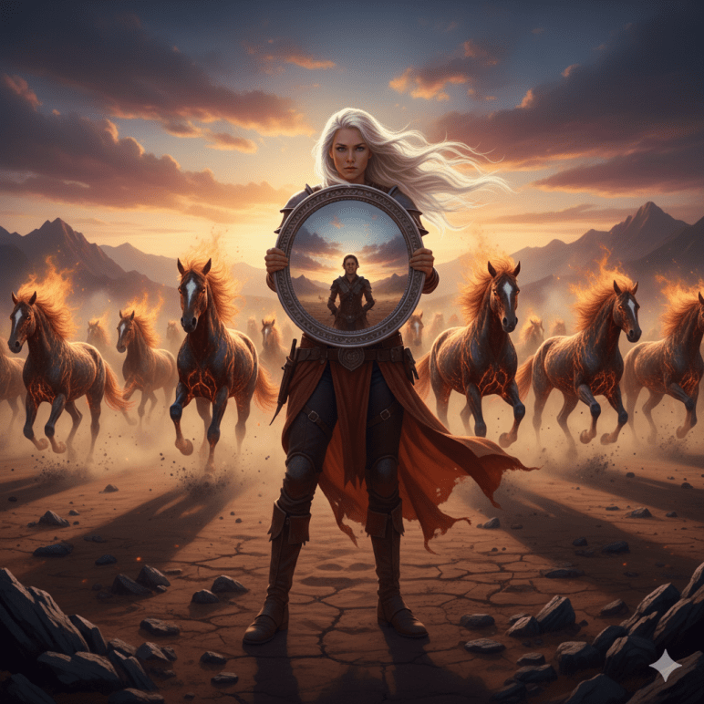 Eine weißhaarige Person steht in einer kargen Landschaft und hält einen runden Spiegel vor sich. Im Spiegel ist nicht sie selbst zu sehen, sondern eine andere Person, die frontal dem Betrachter gegenübersteht. Hinter der Figur bewegt sich eine Herde von Pferden mit flammenden Mähnen durch staubiges Gelände. Die Szene wirkt ruhig, ernst und konfrontierend zugleich.