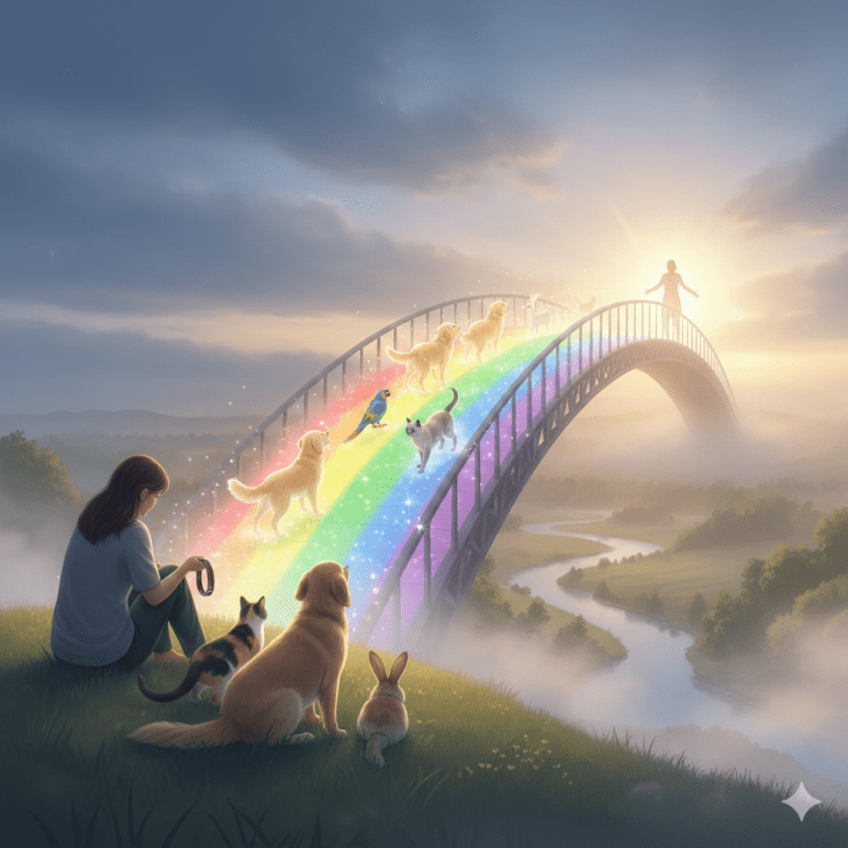 Ein stilles, lichtvolles Bild der Regenbogenbrücke: Mehrere Tiere – Hunde, Katzen, ein Vogel und ein Kaninchen – gehen über einen schimmernden Regenbogenbogen ins Licht. Am Anfang der Brücke sitzt ein Mensch mit weiteren Tieren und schaut ihnen nach. Die Szene vermittelt Abschied, Verbundenheit und Frieden.