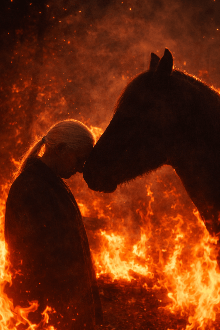 Eine Person steht mit gesenktem Kopf Stirn an Stirn mit einem Pferd. Beide sind als dunkle Silhouetten vor einem lodernden Feuermeer zu sehen. Die Szene wirkt intensiv, still und kraftvoll, wie ein Moment absoluter Wahrheit im Angesicht von Flammen.