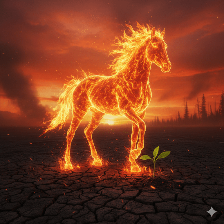 Leuchtendes Feuerpferd aus Flammen steht auf verbrannter, rissiger Erde, neben ihm wächst ein kleiner grüner Keim als Symbol für Neubeginn und verkörperten Wandel.