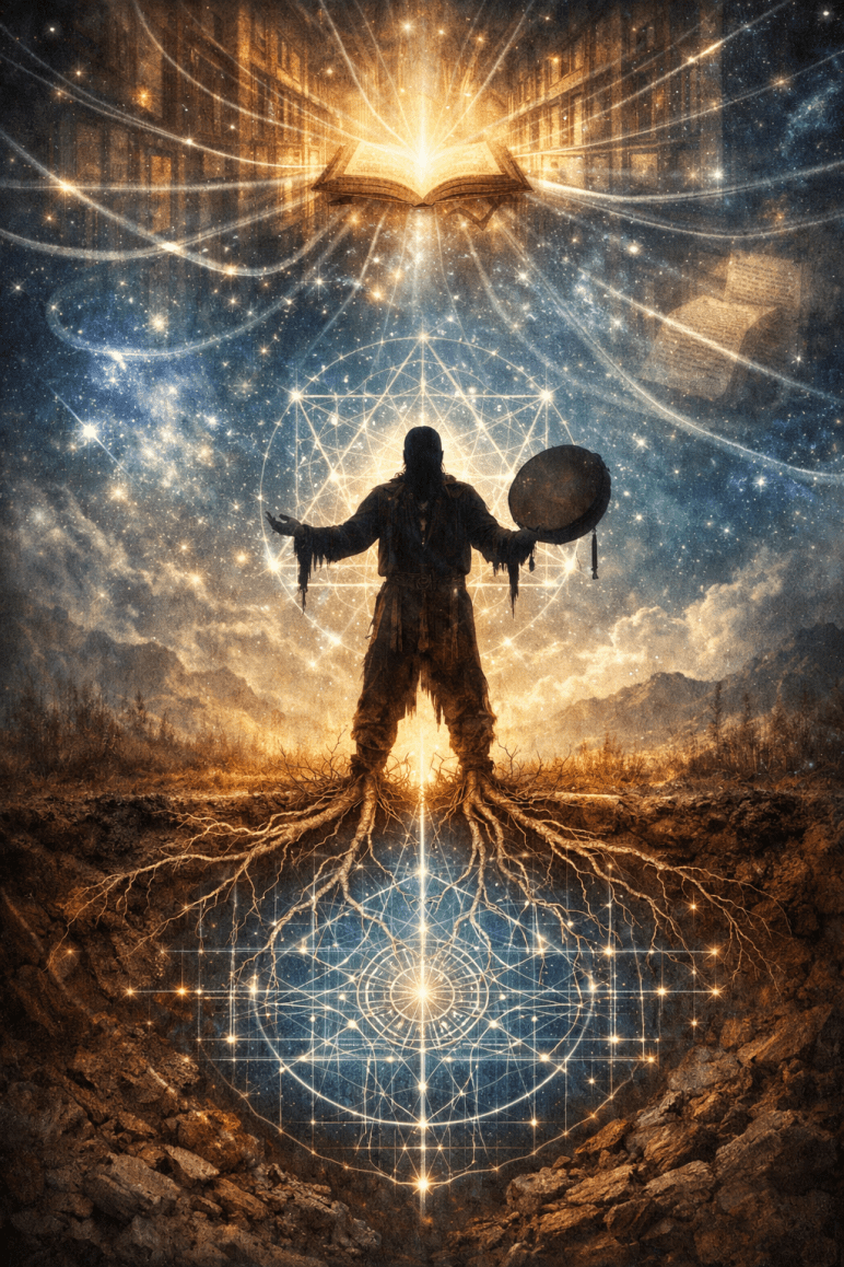 Symbolische Darstellung einer zwischen Himmel und Erde stehenden Gestalt, deren Füße wie Wurzeln in die Erde wachsen. Über ihr öffnet sich ein leuchtendes Buch im kosmischen Raum, verbunden durch Lichtlinien und geometrische Muster – Sinnbild für Akasha, schamanische Wurzeln und energetische Blaupausenbilder.