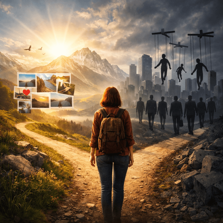 Eine Frau steht an einer Weggabelung zwischen lichtdurchfluteter Natur und einer dunklen, von Marionetten dominierten Stadtszene – Sinnbild für Selbstbestimmung versus Fremdsteuerung und die Entscheidung für den eigenen inneren Weg.