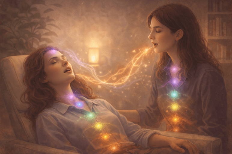 Künstlerische Darstellung einer Hypnosesituation: Zwei Frauen mit geschlossenen Augen sprechen miteinander. Zwischen ihnen fließt leuchtende Energie in beide Richtungen, sichtbar durch Lichtlinien und aktivierte Chakren entlang ihrer Körper.