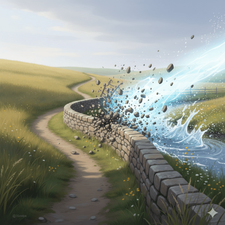 Steinmauer als Grenze in einer Landschaft, die von einer starken Wasserbewegung durchbrochen wird; Steine lösen sich, Wasser tritt über die Mauer hinaus.