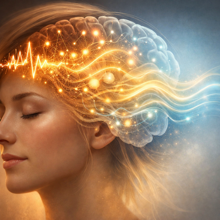 Illustration eines entspannten Profils mit halbtransparentem Gehirn, in dem schnelle, helle Beta-Wellen in ruhige, weiche Alpha- und Theta-Wellen übergehen.