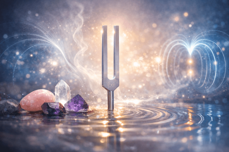 Stimmgabel steht in ruhigem Wasser, umgeben von Rosenquarz, Amethyst und Bergkristall; sanfte Lichtwellen symbolisieren Klang, Magnetfeld und Seelenruhe.