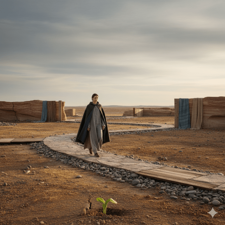 Eine Person geht ruhig über einen geschwungenen Steinweg durch eine karge Landschaft. Im Vordergrund wächst ein junger Keim aus trockener Erde – Symbol für Verkörperung und gelebte Integration.