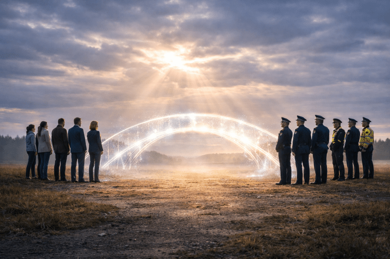 Zwei Menschengruppen stehen sich gegenüber, verbunden durch eine fragile Lichtbrücke unter einem weiten Himmel.