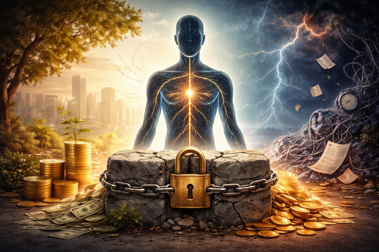 Symbolische Illustration eines Menschen mit leuchtendem Nervensystem, der zwischen einer stabilen, lichtvollen Stadtlandschaft und einem chaotischen Sturm steht. Vor ihm ein verschlossener Steinblock mit Schloss, umgeben von Münzen und Geldscheinen – als Metapher für innere Sicherheits- und Geldblockaden.