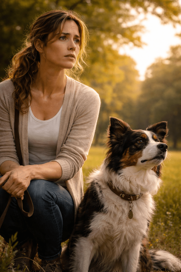 Eine nachdenkliche Frau sitzt mit ihrem Hund im Park. Während sie angespannt wirkt, beobachtet der Hund aufmerksam die Umgebung und reagiert sensibel auf ihre Stimmung.