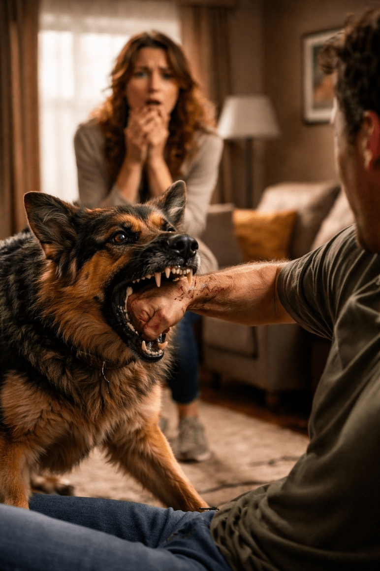 Ein Hund beißt einen Mann in die Hand, während eine Frau im Hintergrund erschrocken reagiert. Die Szene zeigt eine eskalierende Situation zwischen Mensch und Hund.