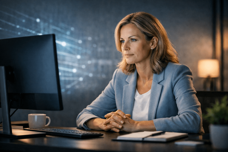 Konzentrierte Frau arbeitet ruhig am Computer und blickt fokussiert auf den Bildschirm – Symbolbild für den bewussten Umgang mit KI im Alltag.