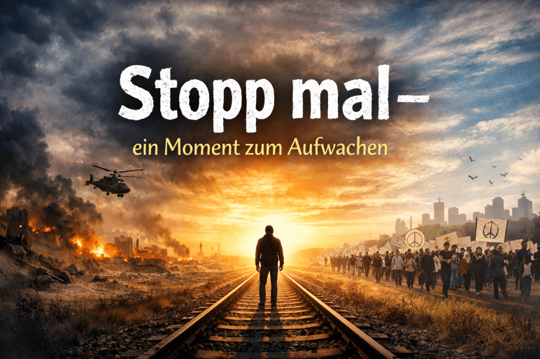 Eine Person steht auf Bahngleisen zwischen zwei Welten: links eine zerstörte, brennende Stadt, rechts eine Friedensdemonstration mit Menschen und Symbolen. Am Himmel steht der Schriftzug „Stopp mal – ein Moment zum Aufwachen“.