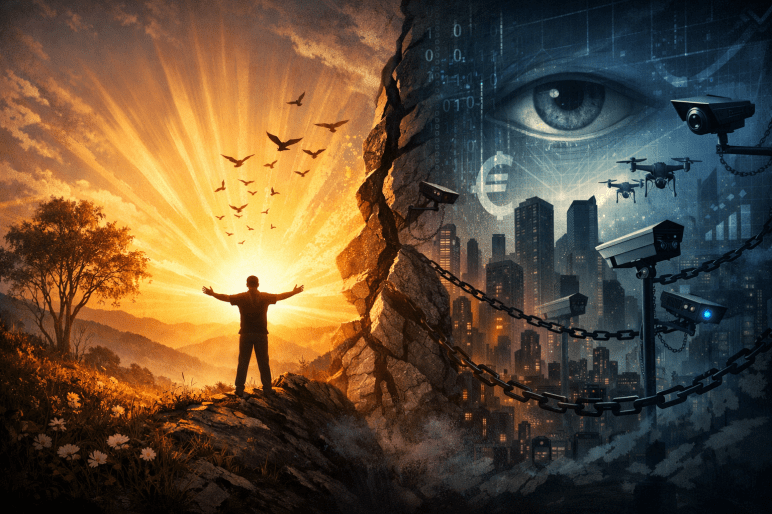 Illustration eines Menschen im Sonnenaufgang in einer natürlichen Landschaft, gegenüber einer überwachten digitalen Stadt mit Kameras und Datenströmen – Symbol für Bewusstsein und gesellschaftlichen Wandel.