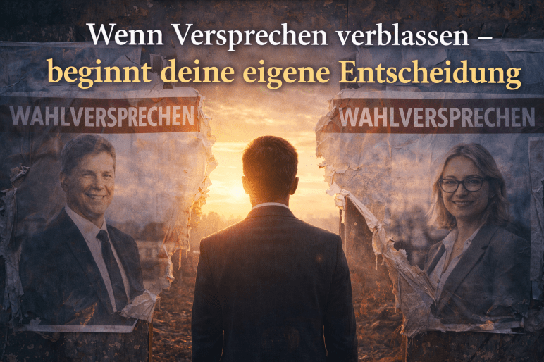 Ein Mann steht vor zerrissenen Wahlplakaten mit lächelnden Politikern, während im Hintergrund ein Sonnenlicht durchbricht.