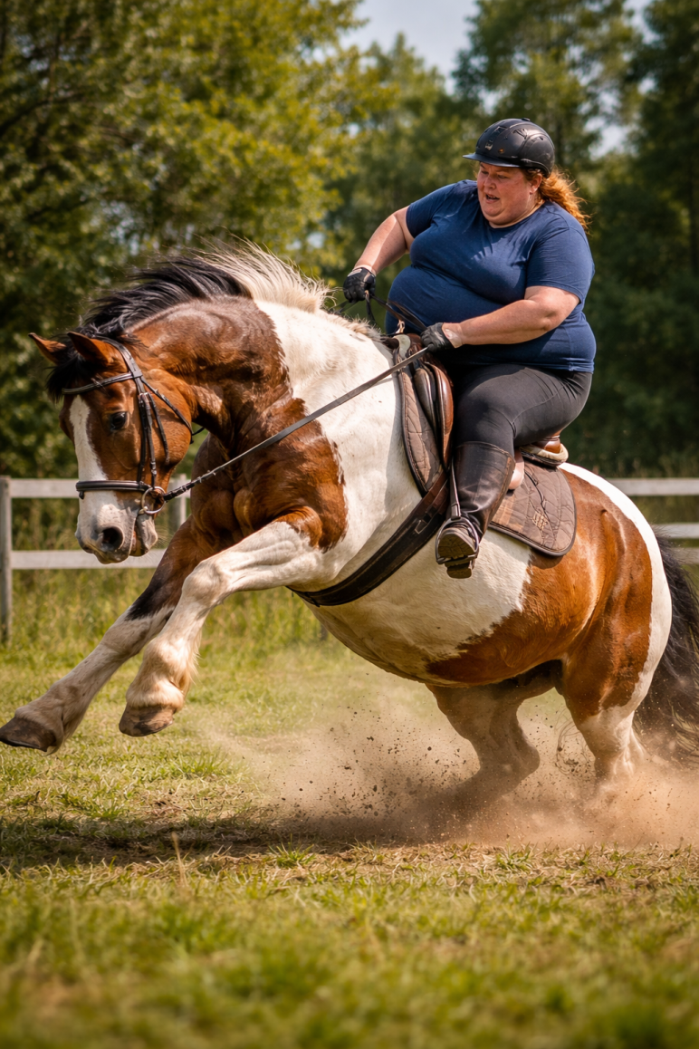 Eine übergewichtige Reiterin sitzt auf einem ebenfalls stark übergewichtigen Pferd, das sich gegen das Reiten wehrt und nach oben springt.