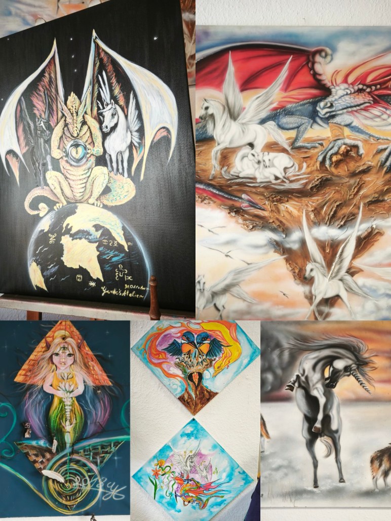 Collage aus mehreren energetischen Bildern und Zeichnungen, die innere Wahrnehmung, Tiere, Verbindungen und symbolische Formen zeigen – entstanden aus persönlicher Erfahrung und Lebensarbeit.