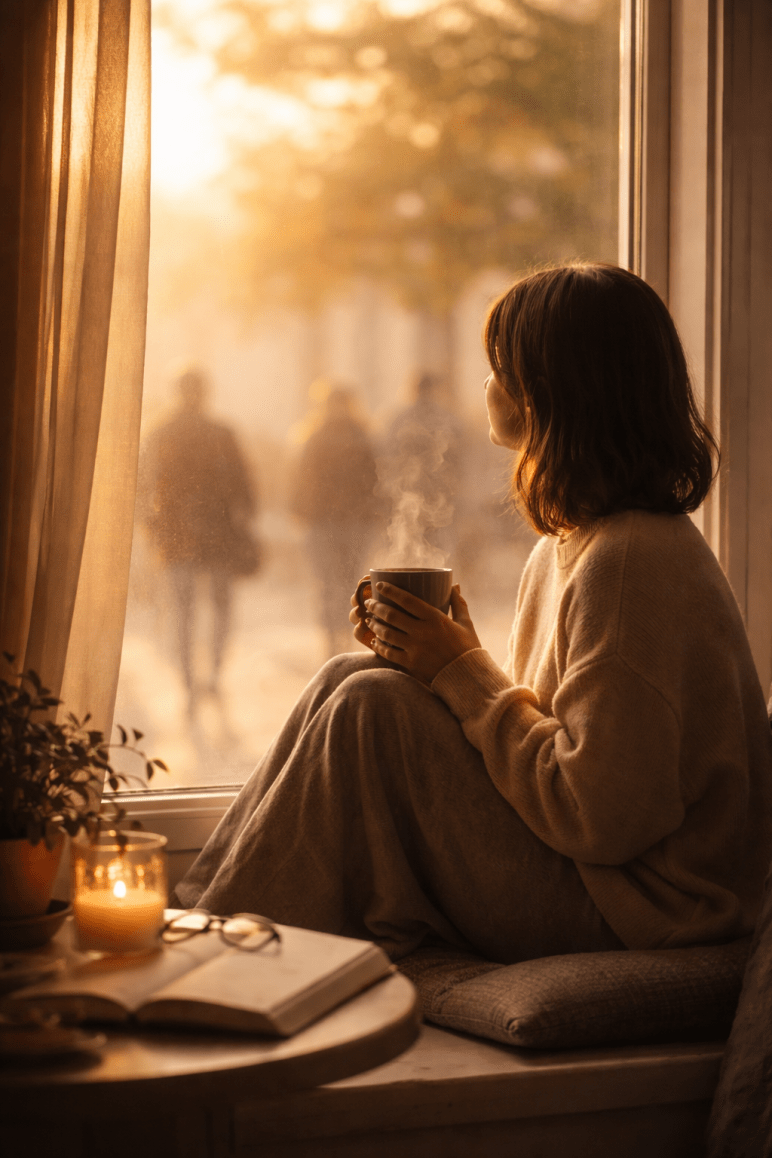 Person sitzt ruhig am Fenster, innen warmes Licht, außen verschwommene Welt, Herz leuchtet sanft