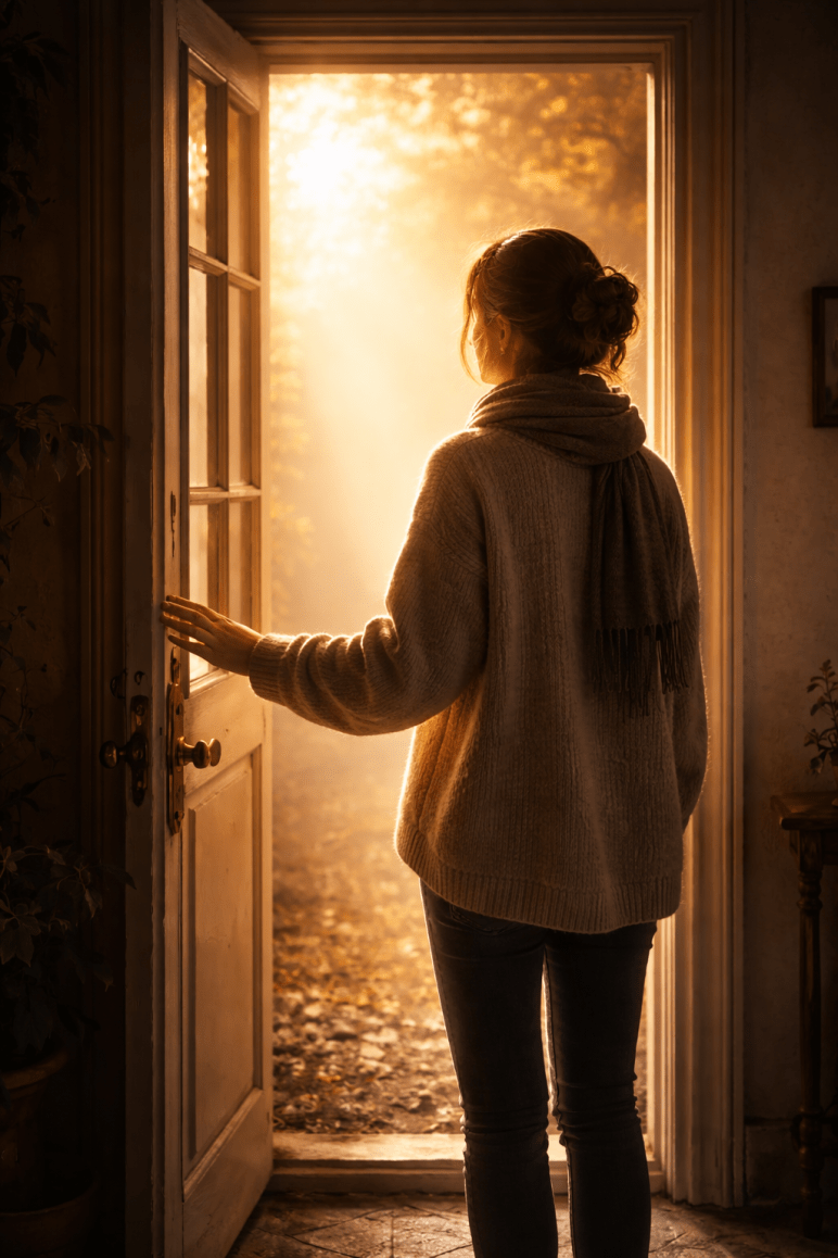 Eine Person steht zögernd vor einer offenen Tür, hinter der warmes Licht sichtbar wird.