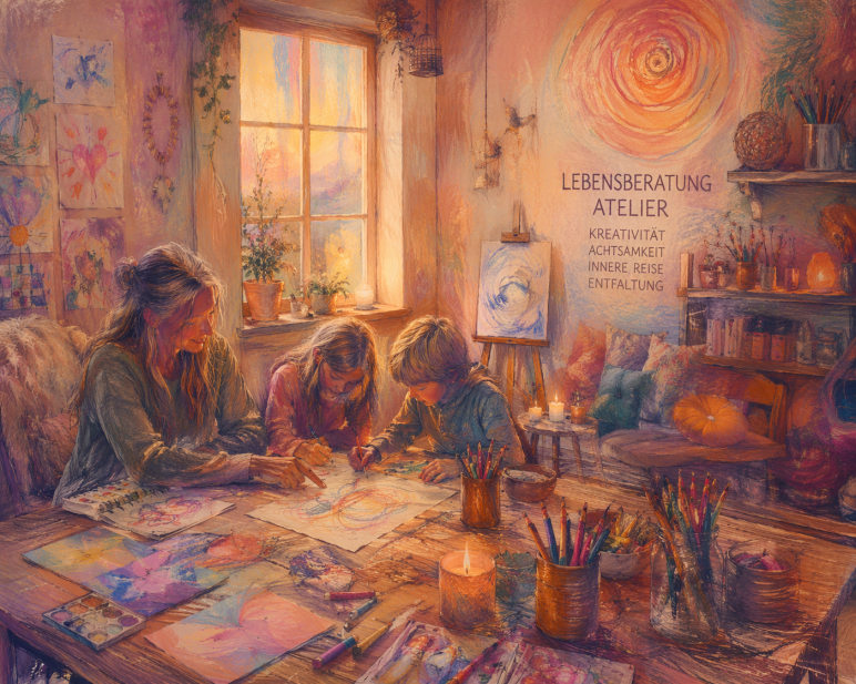 Gemaltes Bild eines warmen Ateliers, in dem eine Frau mit zwei Kindern ruhig und konzentriert malt und gestaltet, umgeben von Farben, Papier und weichem Licht.