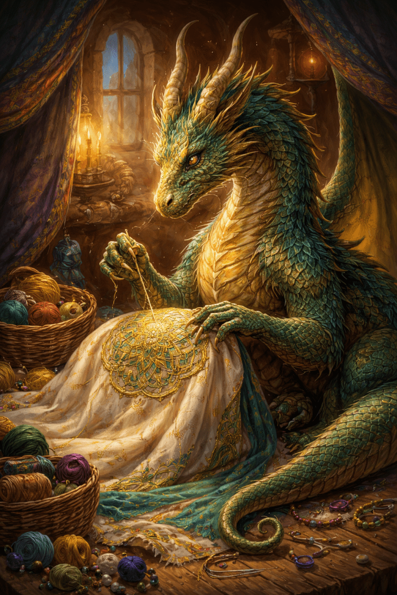 Ein Drache sitzt in einem warm leuchtenden Atelier und stickt mit Nadel und Faden an einer reich verzierten Decke, umgeben von Garnen, Stoffen und handwerklichen Werkzeugen.