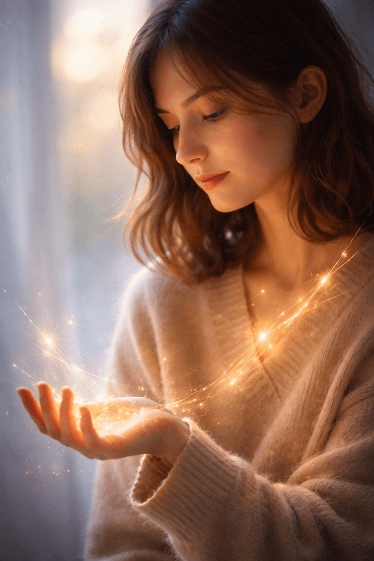 Mensch mit offener Hand, feine Lichtlinien im Körper sichtbar