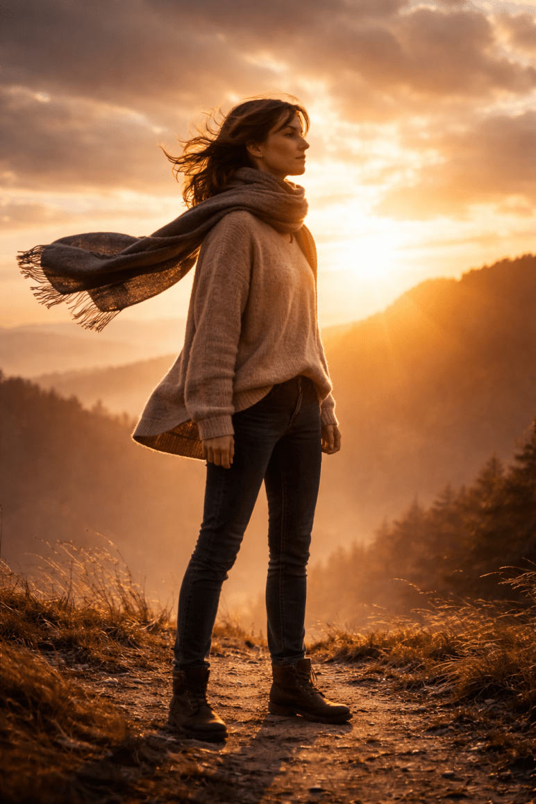Person steht fest am Boden, Blick klar nach vorne, Wind bewegt Kleidung