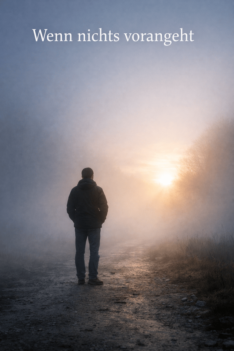 Eine Person steht auf einem nebligen Weg, während im Hintergrund langsam Licht durch den Nebel bricht.
