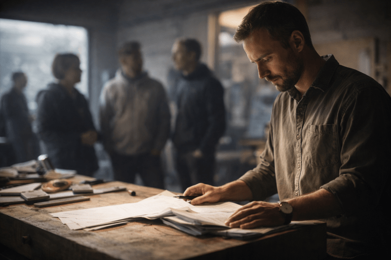 Eine Person arbeitet konzentriert im Vordergrund bei warmem Licht, während im Hintergrund mehrere Menschen unscharf und distanziert miteinander stehen.