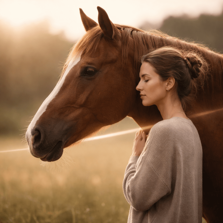 Mensch und Pferd stehen ruhig nebeneinander und schauen in dieselbe Richtung, verbunden durch eine feine Lichtlinie