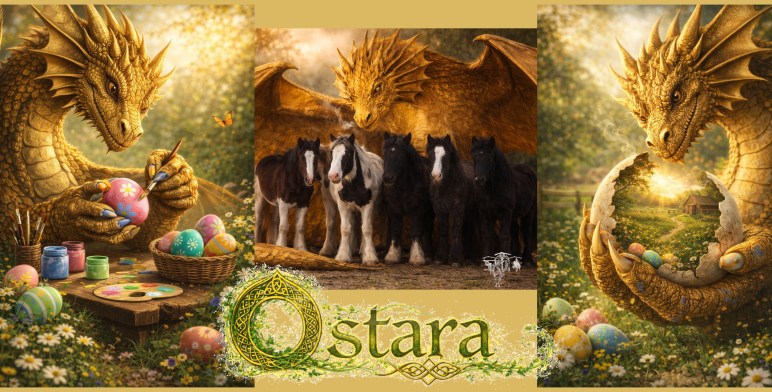 Goldener Drache mit ausgebreiteten Flügeln schützt mehrere junge Pferde, während er Ostereier bemalt und ein leuchtendes Ei hält, aus dem ein Hof entsteht; darunter keltischer Schriftzug „Ostara“ in einer frühlingshaften Landschaft.