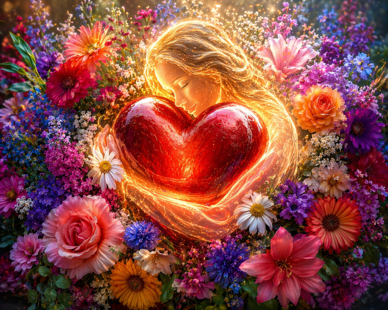 Leuchtendes Herz, umgeben von bunten Blumen, gehalten von einer lichtvollen, geistigen Umarmung