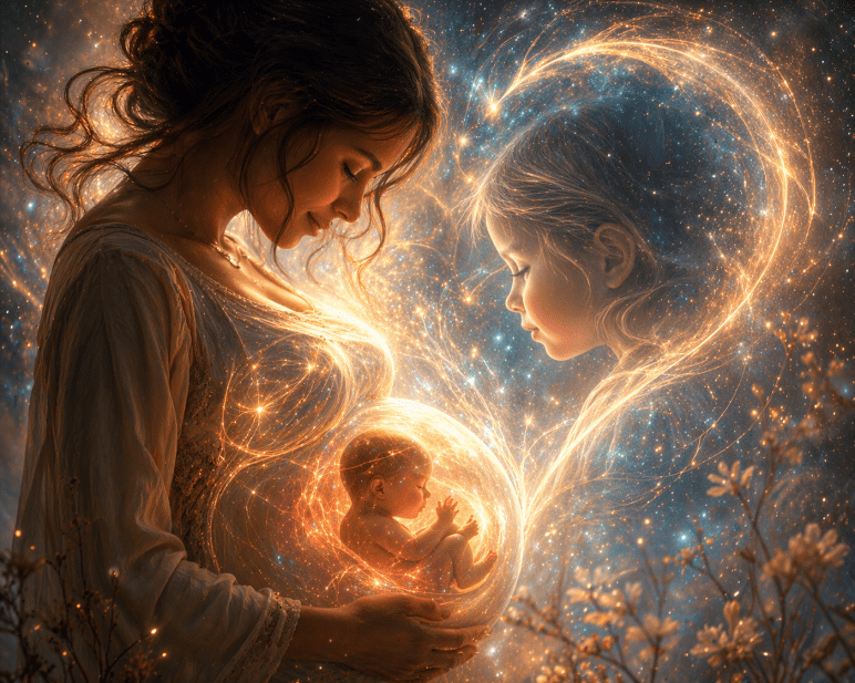 Schwangere Frau im warmen Licht, verbunden mit einer leuchtenden Kinderenergie durch feine Lichtlinien, symbolisiert die bewusste Verbindung vor der Geburt.
