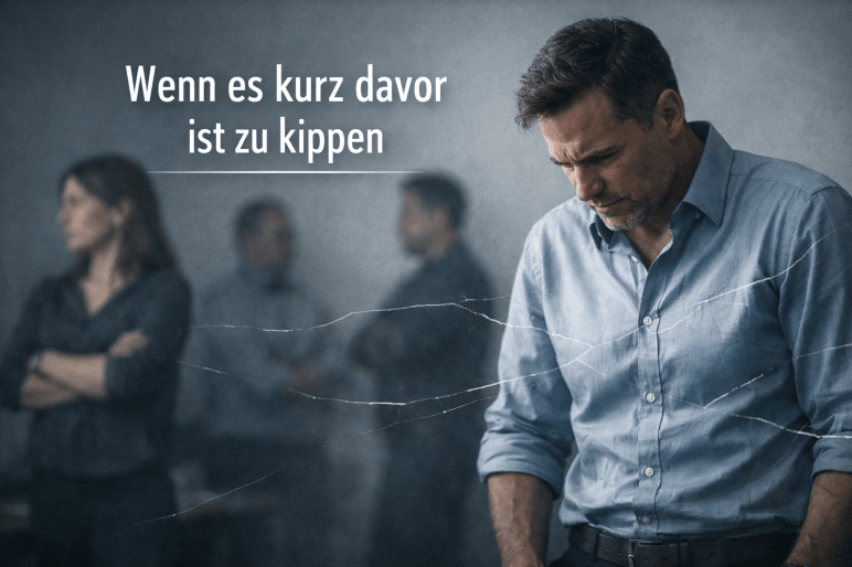 Angespannte Führungssituation mit distanziertem Team und spürbarer Unsicherheit im Raum.