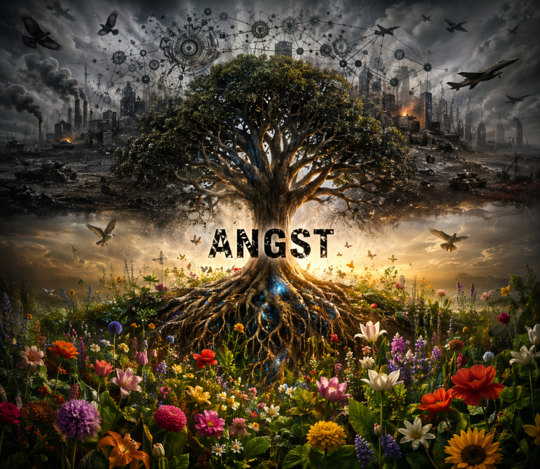 Symbolisches Bild eines Baumes mit Wurzeln und Blüte, das innere Entwicklung und äußere Welt im Spannungsfeld von Angst und Wachstum zeigt.