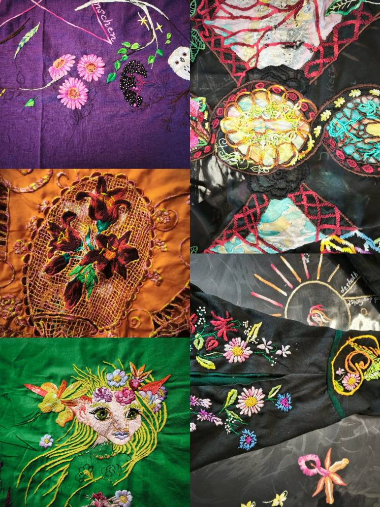 Collage aus detailreichen Arbeiten des Kunsthandwerks: handbestickte Altardecken, ornamentale Stickerei, florale Motive, figürliche Bildstickerei und bestickte Festkleidung in intensiven Farben, als Beispiele jahrzehntelanger künstlerischer Textilarbeit.