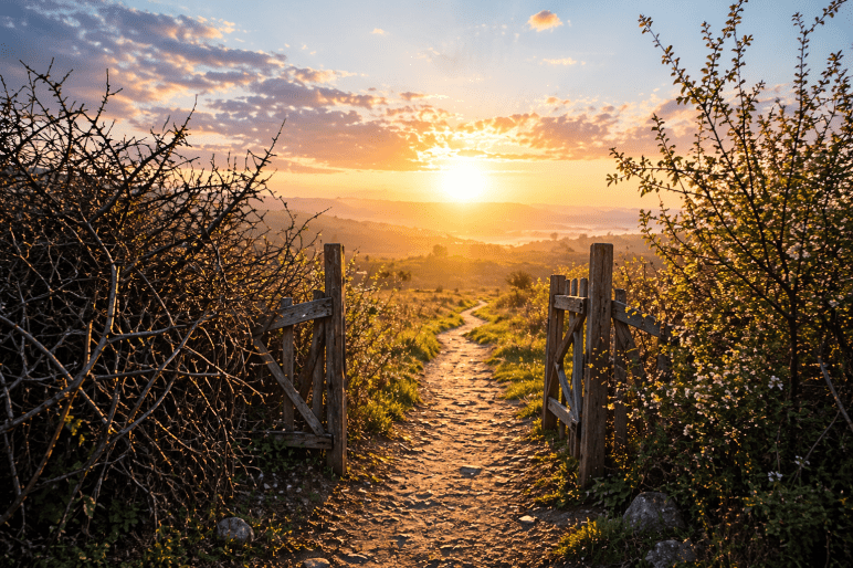 Offener Weg durch ein Holztor im warmen Morgenlicht, umgeben von dornigen Sträuchern, die sich zur Seite öffnen