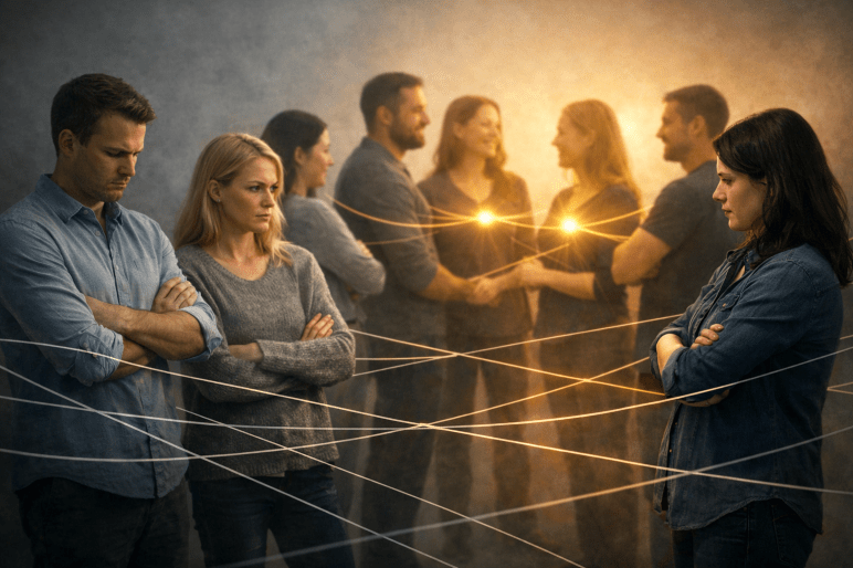 Menschen im Team erst distanziert und angespannt, später durch goldene Linien verbunden