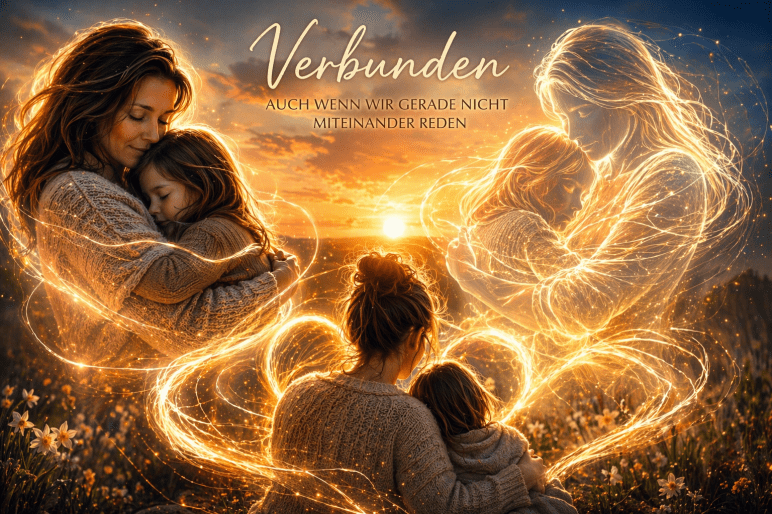 Mutter und Kind umarmen sich – teils real, teils als leuchtende, energetische Darstellung – als Symbol für eine Verbindung, die auch ohne Kontakt bestehen bleibt