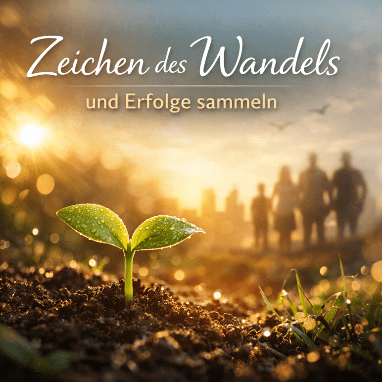 Nahaufnahme eines jungen grünen Keimlings, der aus dunkler Erde wächst, im goldenen Morgenlicht. Im Hintergrund schemenhafte Menschen und warme Lichtstimmung. Im Bild steht: „Zeichen des Wandels und Erfolge sammeln“.