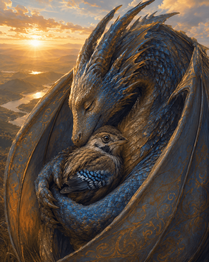 Ein großer Drache hält ein kleines Eichelhäherküken schützend in seinen Armen, das sich eng an ihn kuschelt.